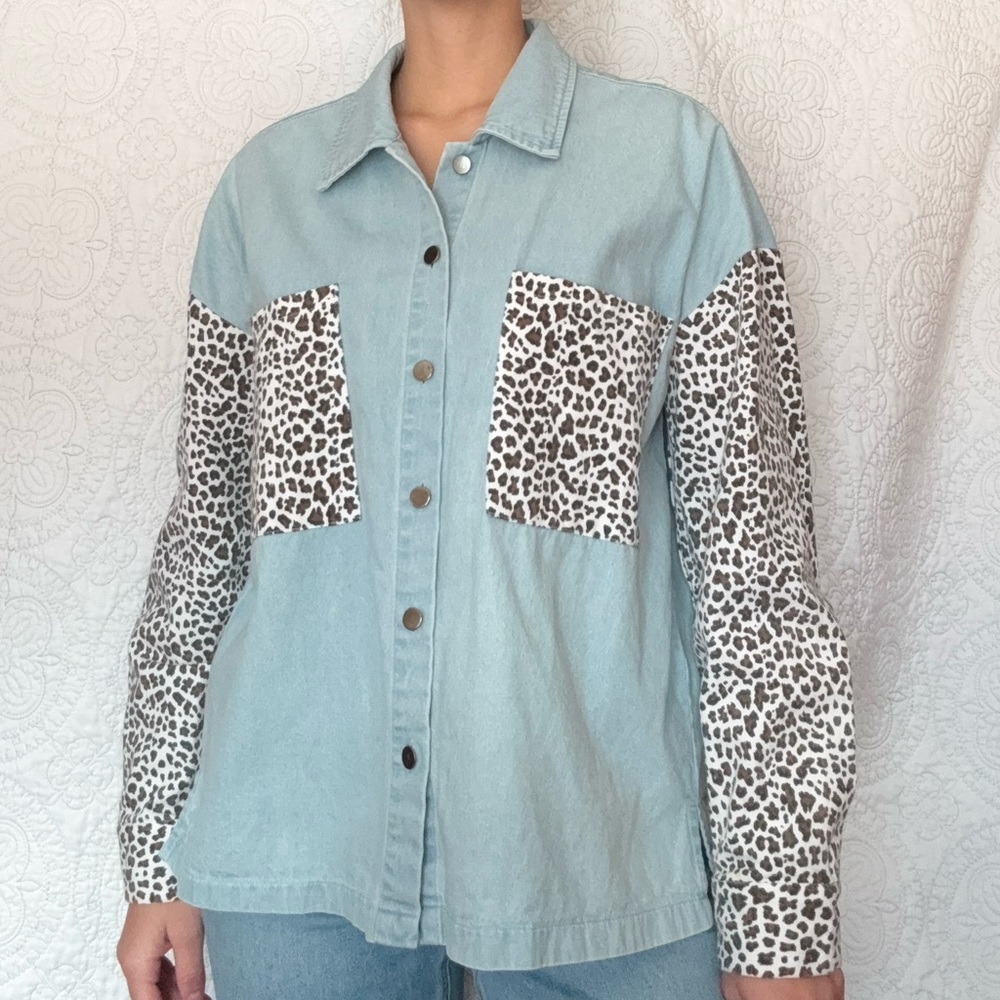 Pink Lily Light Blue Denim Shirt with Leopard Accents